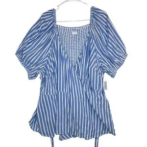 Old Navy Womens Blue White Striped Blouse Sz 4X Wrap Back Tie Peasant Boho NWT